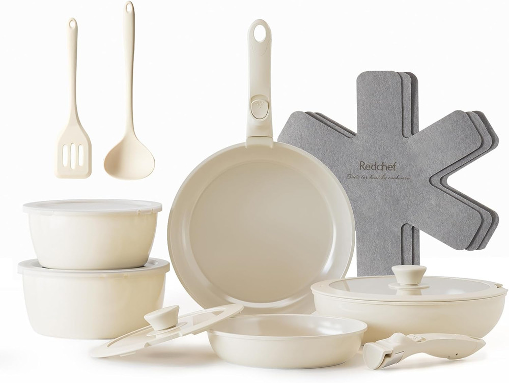 Ceramic Pots and Pans Set, Nonstick Kitchen Cookware Set with Detachable Handle,