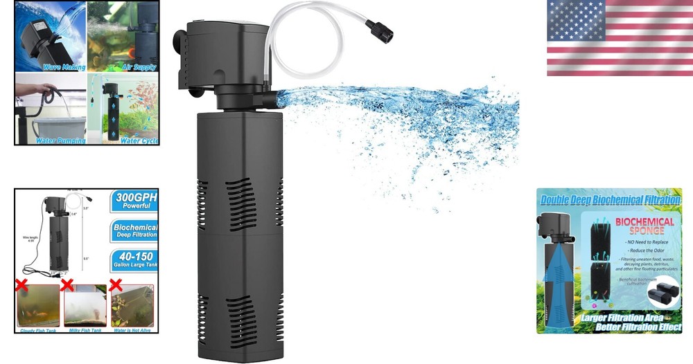 Aquarium Filter 300 GPH - Powerful Submersible 4-in-1 Solution for Large Tanks