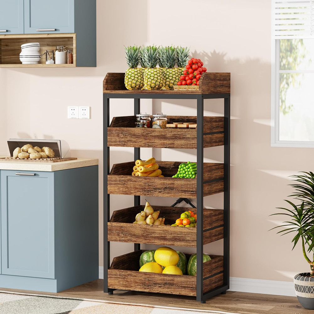 Wood Fruit and Vegetable Storage Rack, 5-Tier Pull-Out Snack Stand Fruit Basket