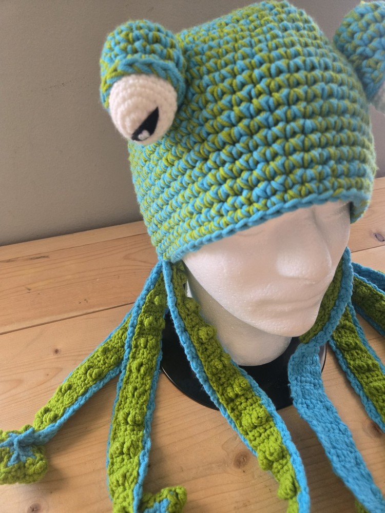 Handmade Squid Octopus Tentacle Hat Crochet Green Blue