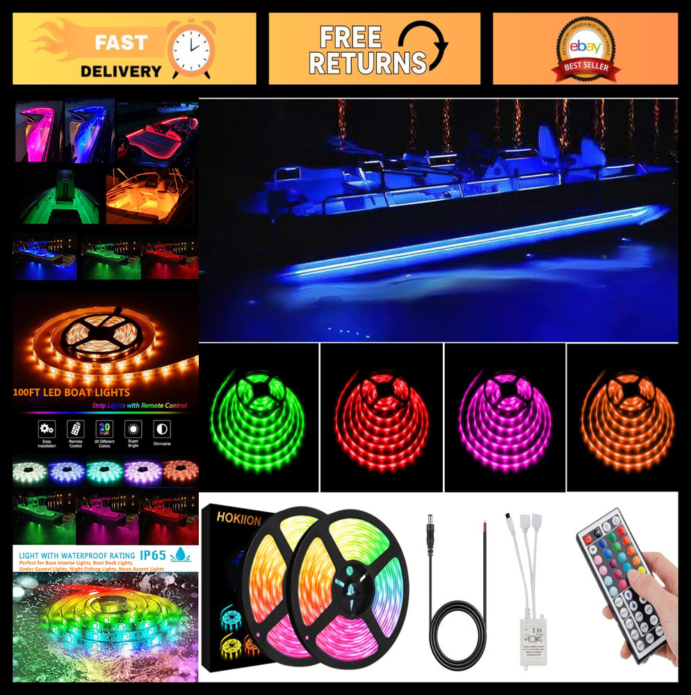 100FT Waterproof LED Boat Strip Lights - Multi-Color Interior & Deck Lighting, N