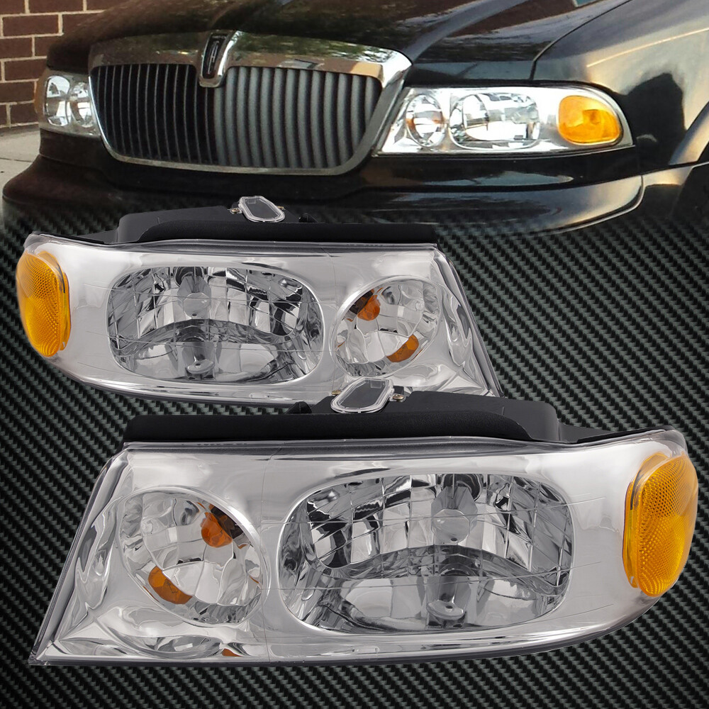 Headlights Set Chrome Halogen For 1998-2002 Lincoln Navigator / 2002 Blackwood