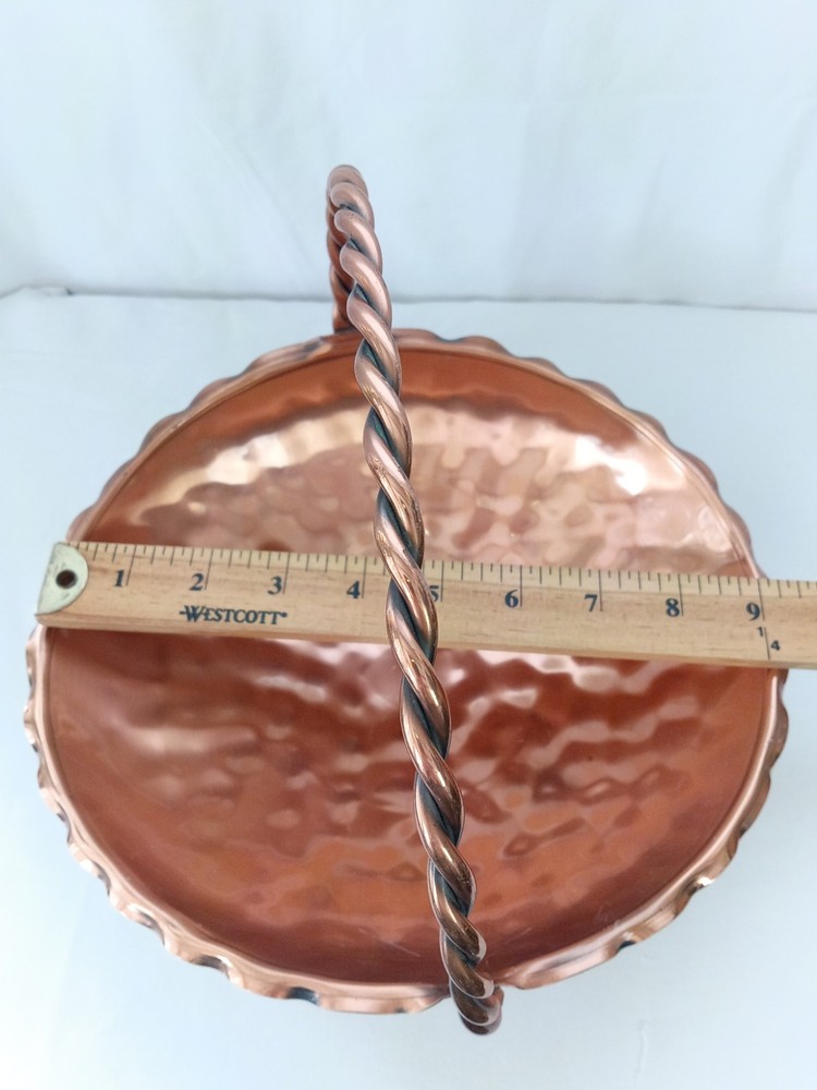 Vtg. Gregorian Hand Crafted Hammered Copper Basket Ruffled Edge & Twisted Handle