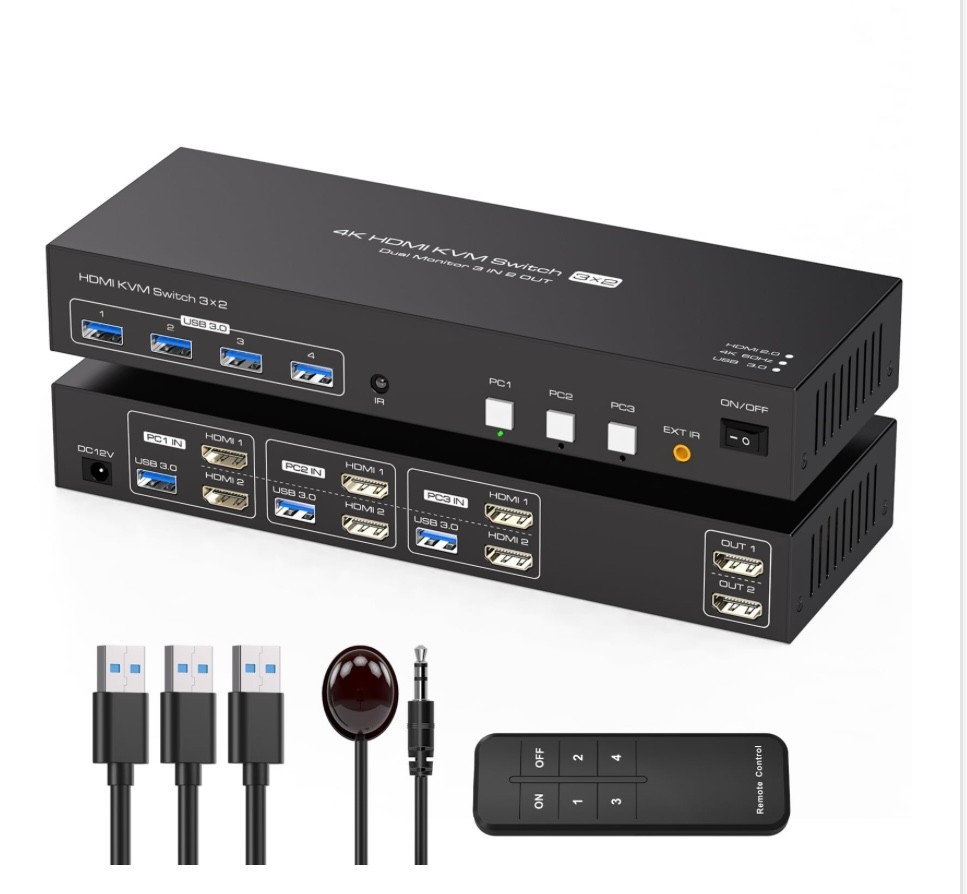 HDMI KVM switch 3 compueters 2 monitors 4K60Hz EDID simulation for 3 compueters