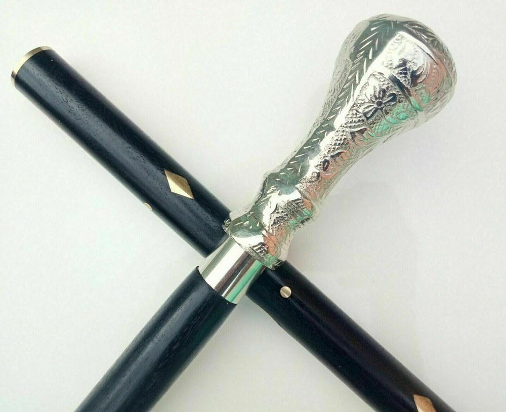 Vintage Luxury Wooden Walk Stick Cane Silver Solid Handle Craved Support Ca