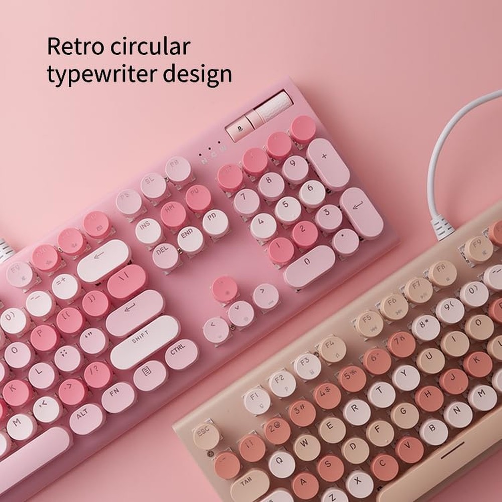 Cute Pink Keyboard Wired, with White Backlit Typewriter, Volume Knob, Light S...