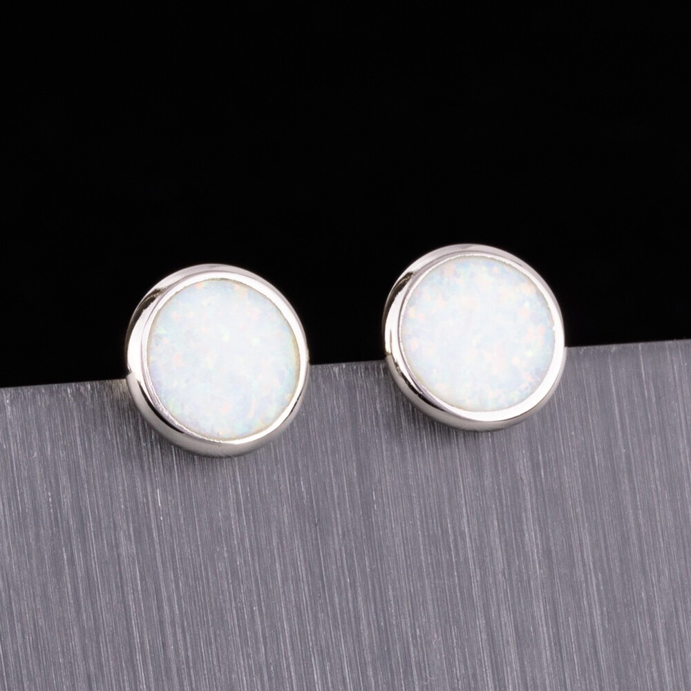 Round White Fire Opal Silver Jewelry Stud Earrings