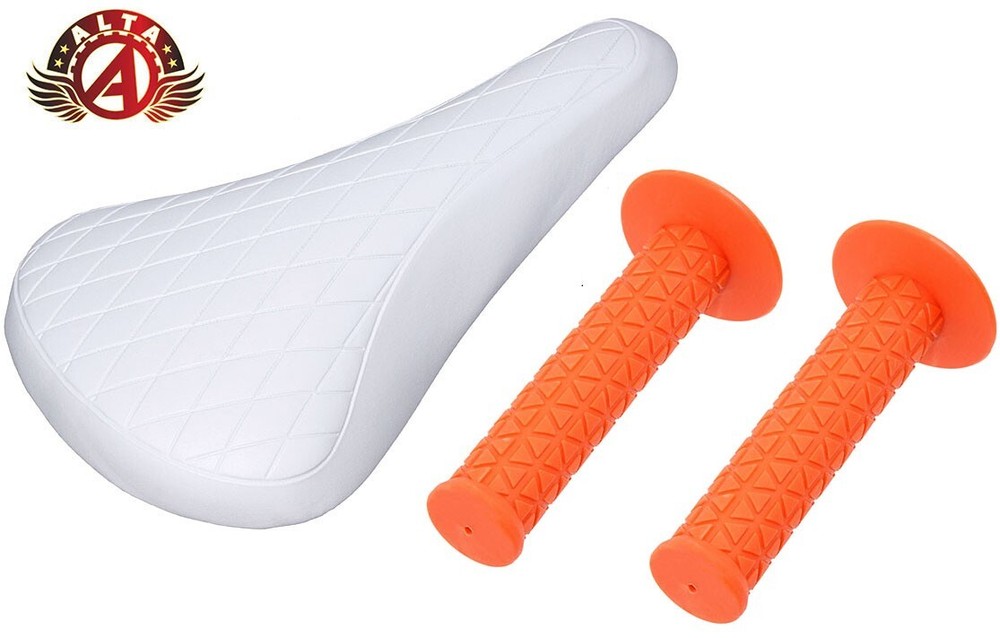 ALTA White Diamond Saddle & Orange Triangle Grips BMX BIKES.