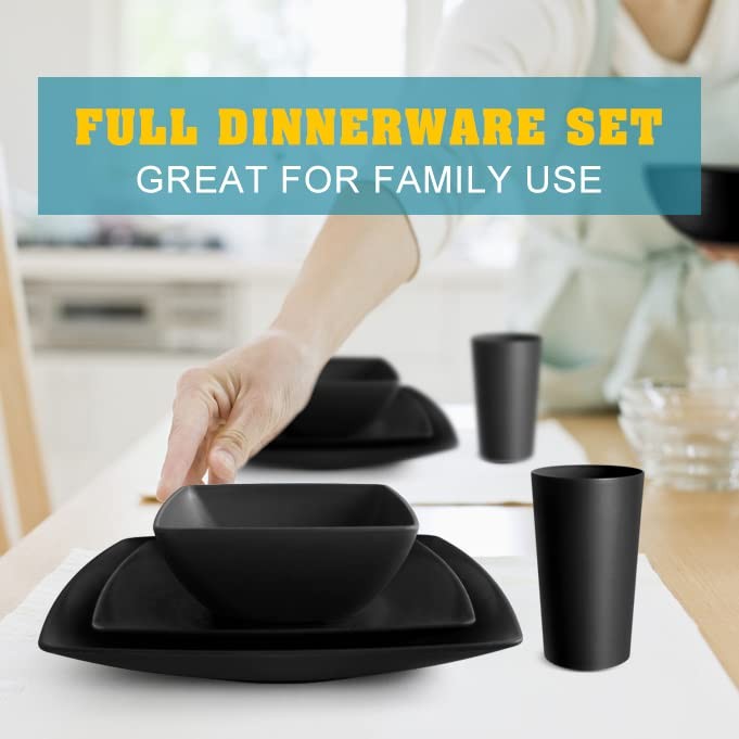 16-piece Plastic Wheat Straw Square Dinnerware Set for 4, Unbreakable Dinner ...