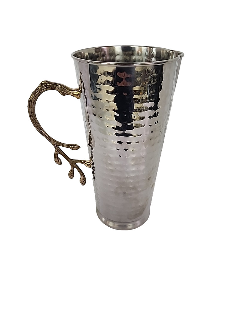 Hammered Stainless Steel Pitcher Brass Twig Leaf Handle - 9.5"H
