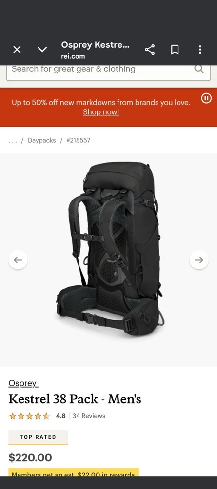 Osprey Kestrel Unisex Backpack 38L, Black