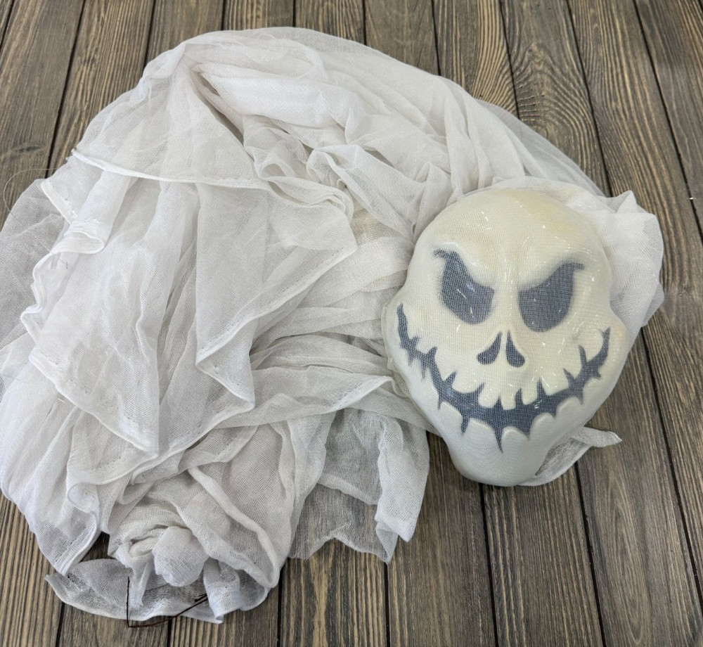 Halloween Ghost Mask With Spooky Skull Face & White Fabric Drape