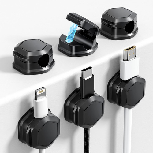 6 Pack Magnetic Cable Clips [Cable Smooth Adjustable] Cord 6Pack, Black