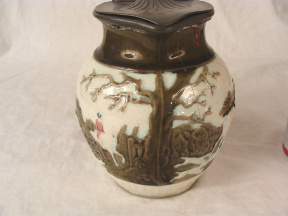 Antique 19C Prattware Pottery Pitcher Hunt Scene Dog Handle