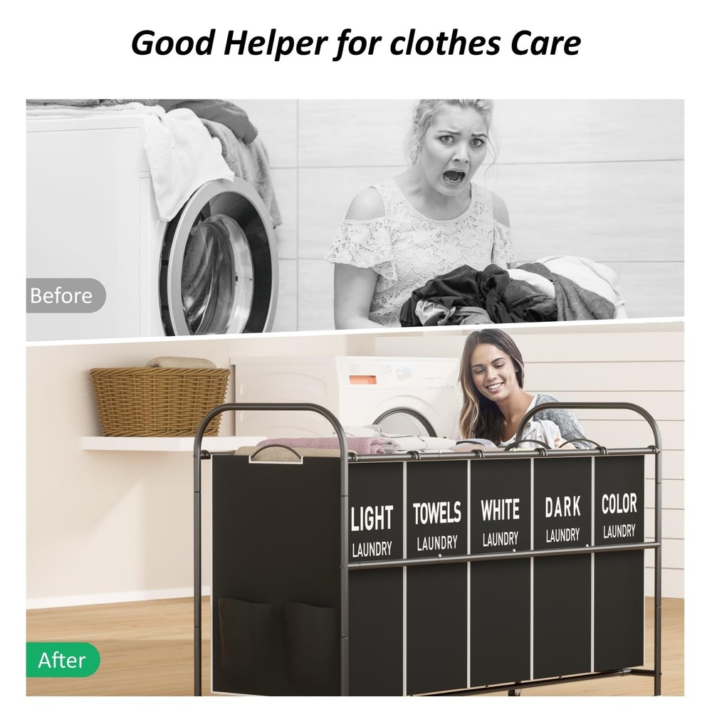 5-Section Laundry Sorter Cart, Large Laundry Hamper with Lockable Rolling Whe