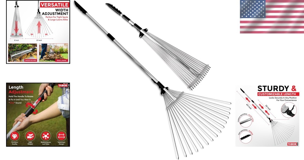 Adjustable Metal Rake - Collapsible & Telescopic - Garden, Yard, & Lawn