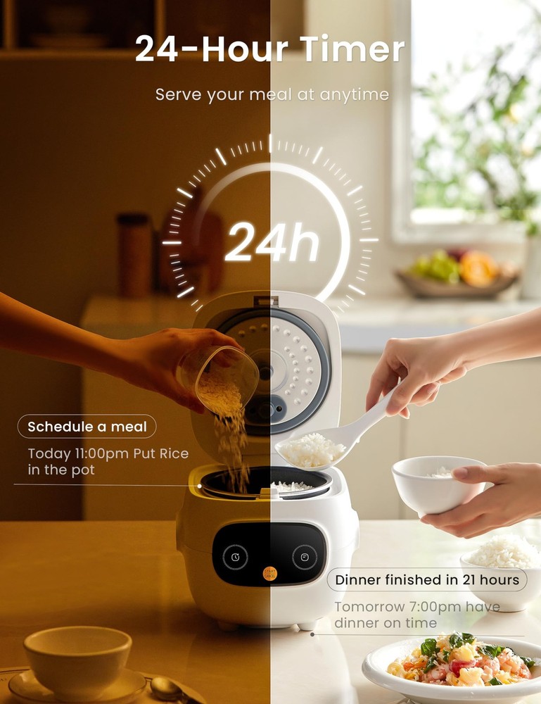 COMFEE' Mini Rice Cooker 4 Cups Cooked/2 2 Cups_Electronic White, White