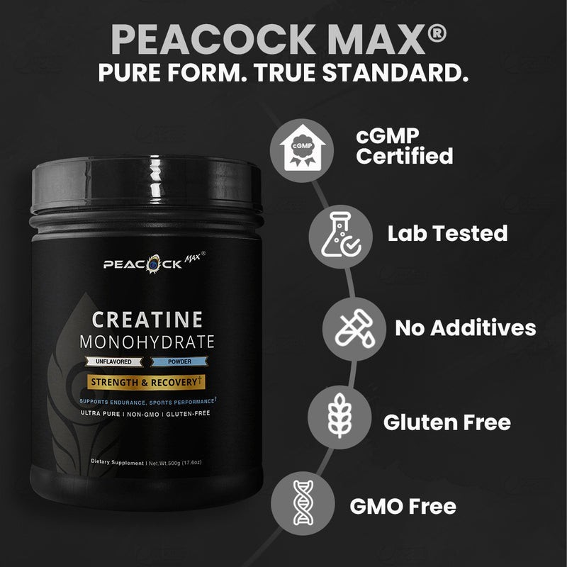Peacock Max Creatine Monohydrate Powder (500 g, 100 servings)