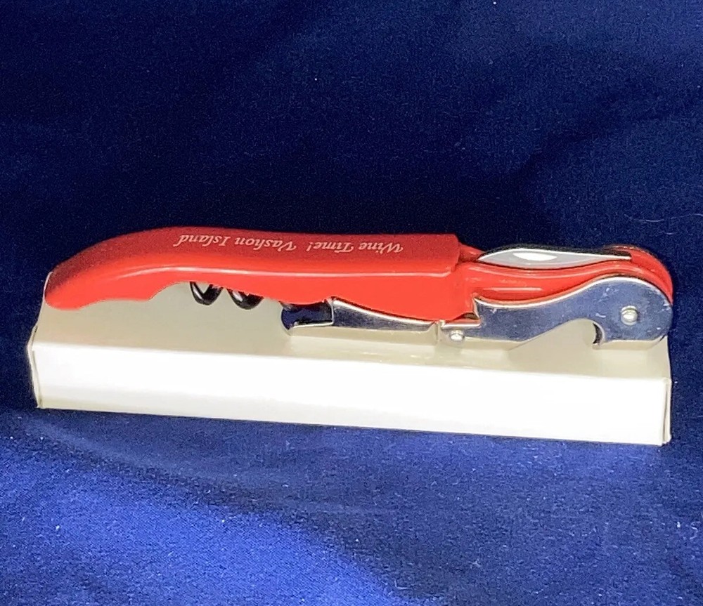 RED Double-Hinged Corkscrew & Bottle Opener ( Vashon Island )in Box.