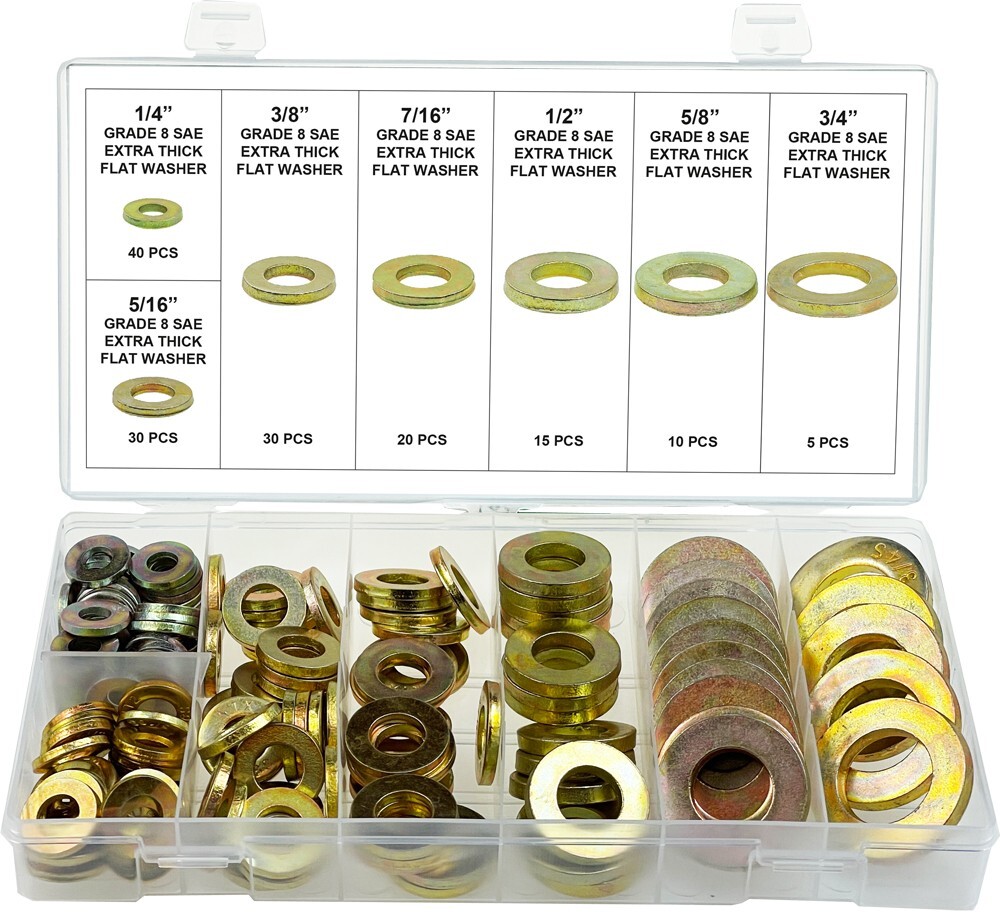 SF 32850 SAE Pattern Grade 8 Hardened Extra Thick Flat Washer Assortment, 150PCS