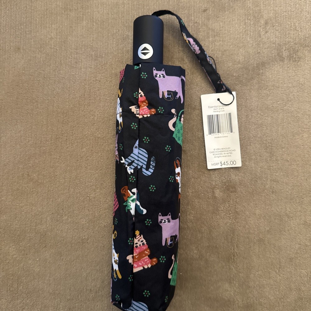 NWT- Vera Bradley Essential Umbrella Herding Cat Multi-Colored Black $45