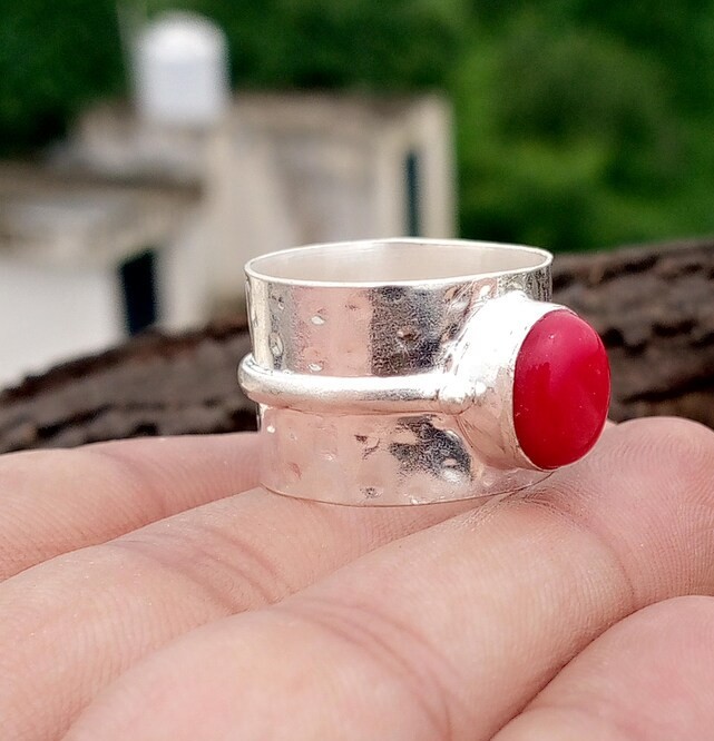 Solid 925 Sterling Silver Natural Red Coral Gemstone Spinner Band Handmade Ring
