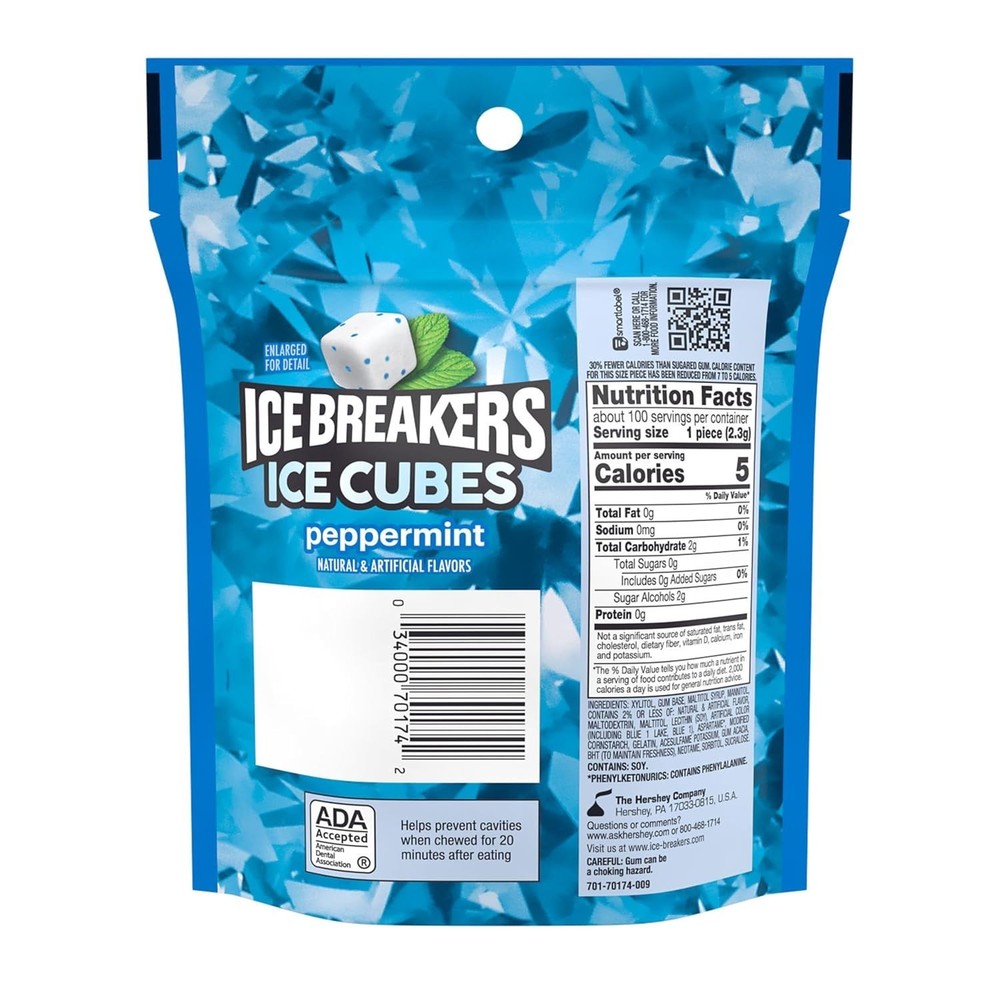 100pcs ICE BREAKERS Ice Cubes Peppermint Sugar Free Chewing Gum Pouch