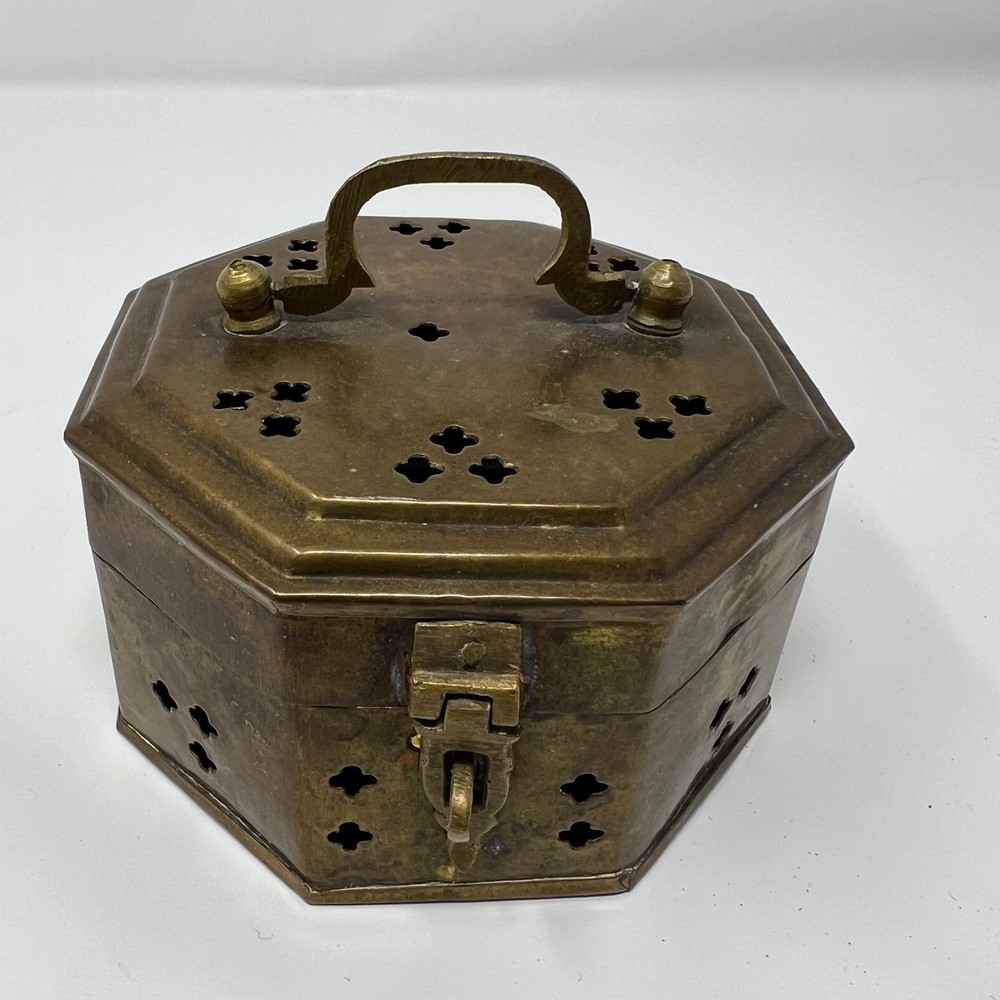 Antique Incense Burner/ Cricket Trinket Box Solid Brass w/Locking Latch & Handle