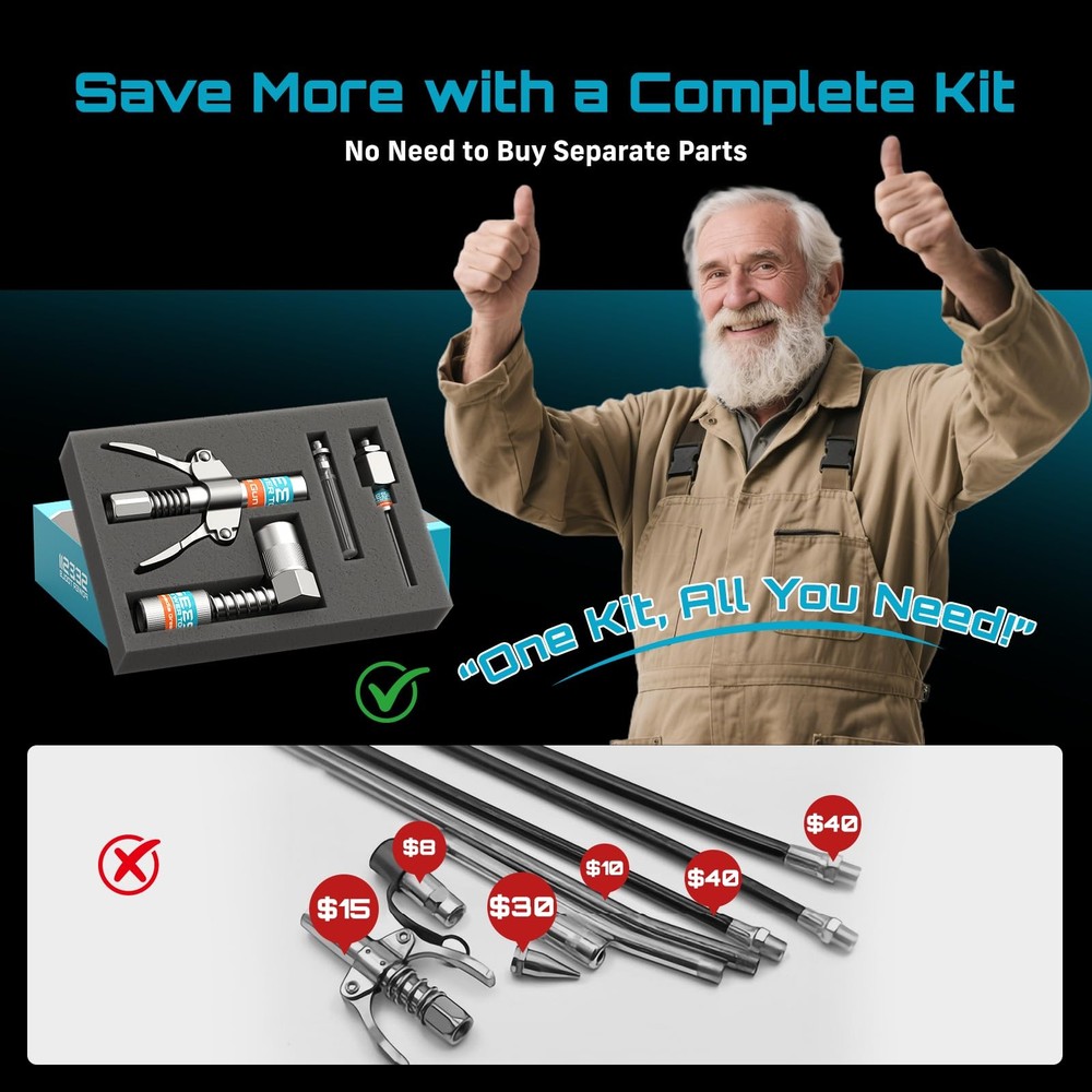 Seesii Grease Gun Accessory Kit, Includes Quick-Release Coupler, 90 Degree Gr...