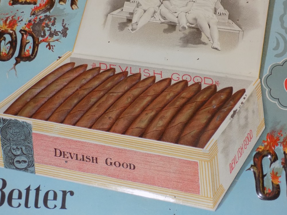 Vintage Devlish Good Embossed Cigar Metal Sign