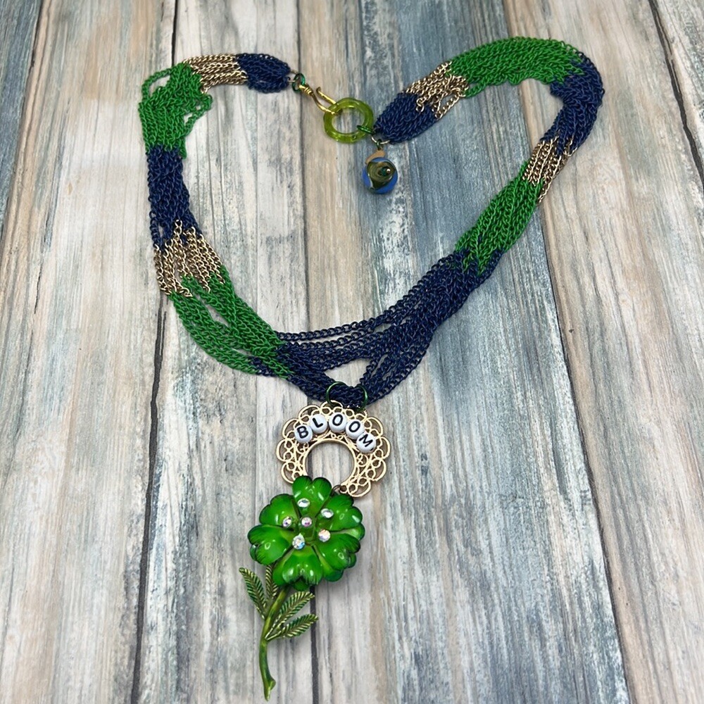 Adorned Crown Artisan Assemblage multi chain enamel flower BLOOM green blue