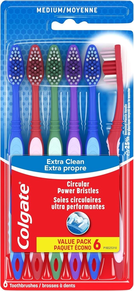 Colgate Extra Clean 6-Pack Medium Toothbrushes with Tongue Scraper – Multi-Color