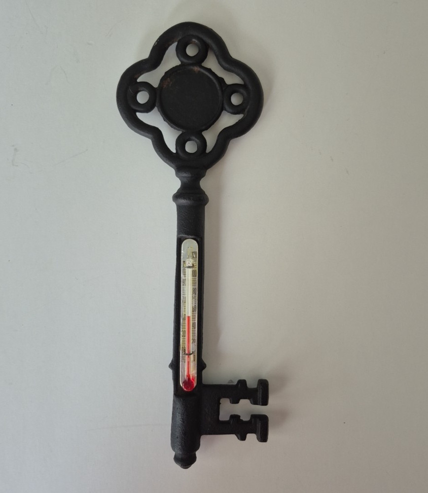 Black Cast Iron Wall Skeleton Key Thermometer Rustic Home Decor 8 Inches