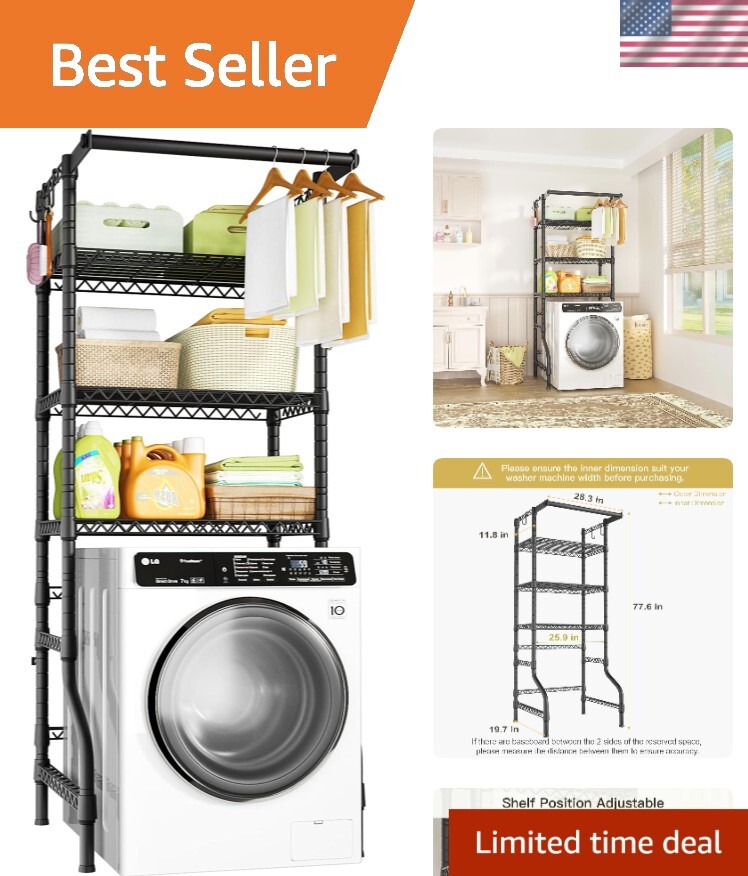 Durable Freestanding Clothes Drying Rack & Storage Shelves - Black, 28''Wx77''H