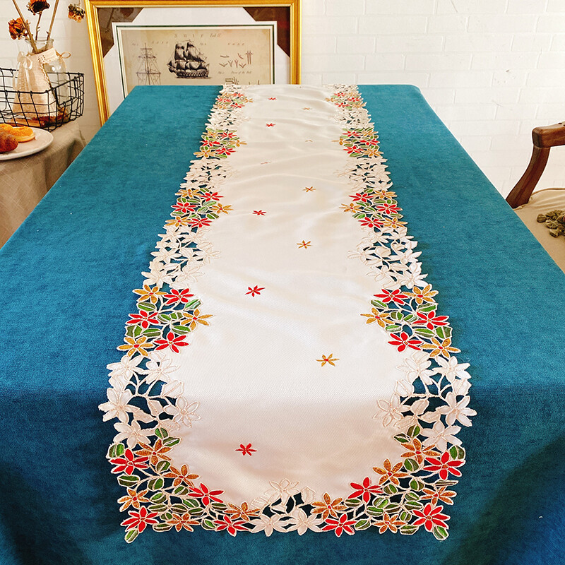 Pretty Red Golden Thread Flower Embroidery Cutwork Ivory Table Runner XL