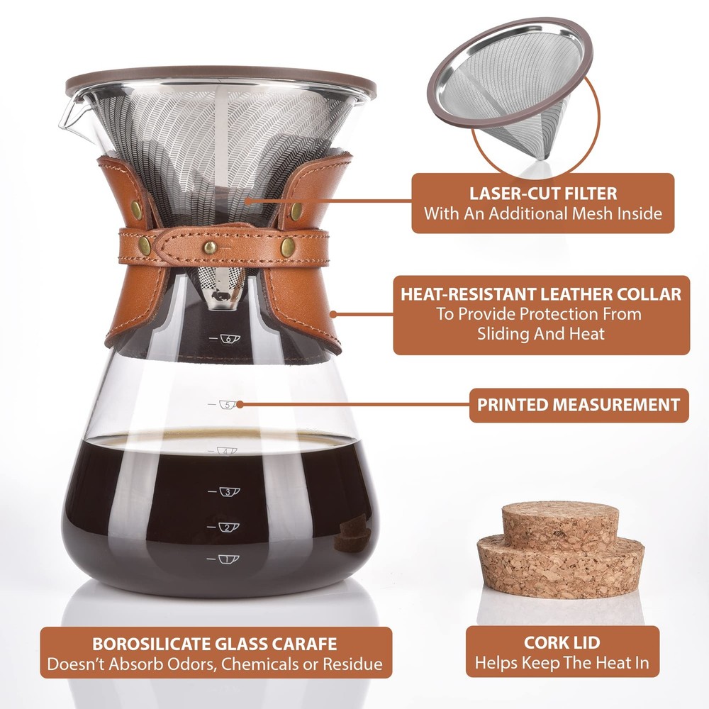 Pour Over Coffee Maker Set with Double-Layer Stainless Steel Filter, Coffee Drip