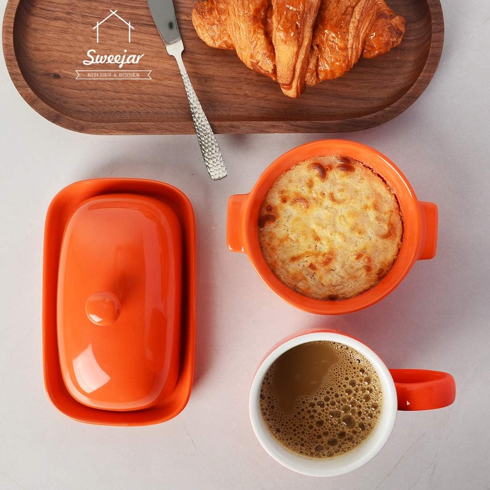 Sweejar Ceramics Butter Dish with Lid, Keeper Container, Orange