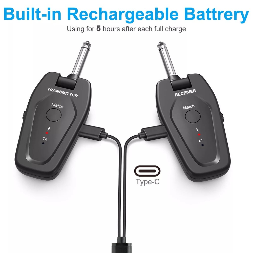 Professional UHF Wireless Guitar System Transmitter Receiver Type-C Charging