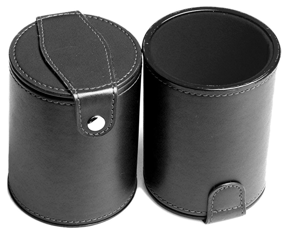 Black PU Leather Dice Cup Black Felt Lined with Storage Compartment Snap Closure