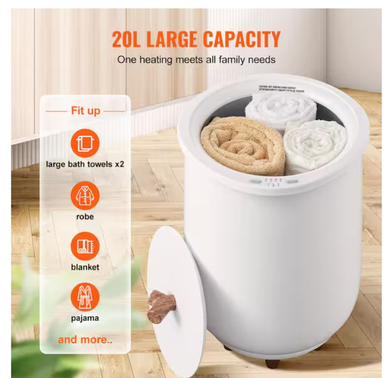 Vevor 20L Large Towel Bucket Warmer, Auto Shut Off with Timer in White