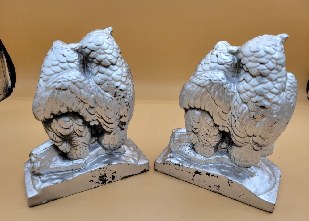 Mid-century Solid Cast Owl Bookends Silver Color