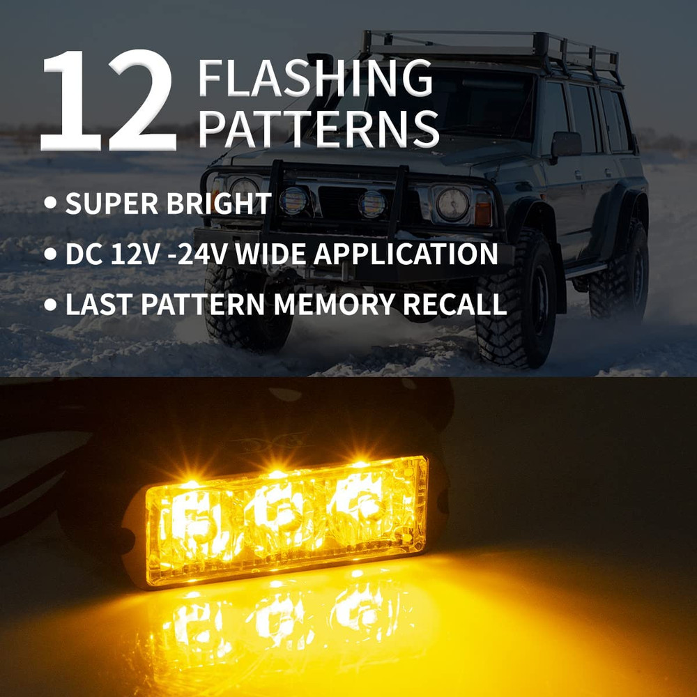 2PCS Amber Waterproof 3-LED Strobe Light Emergency Beacon Flash Lights