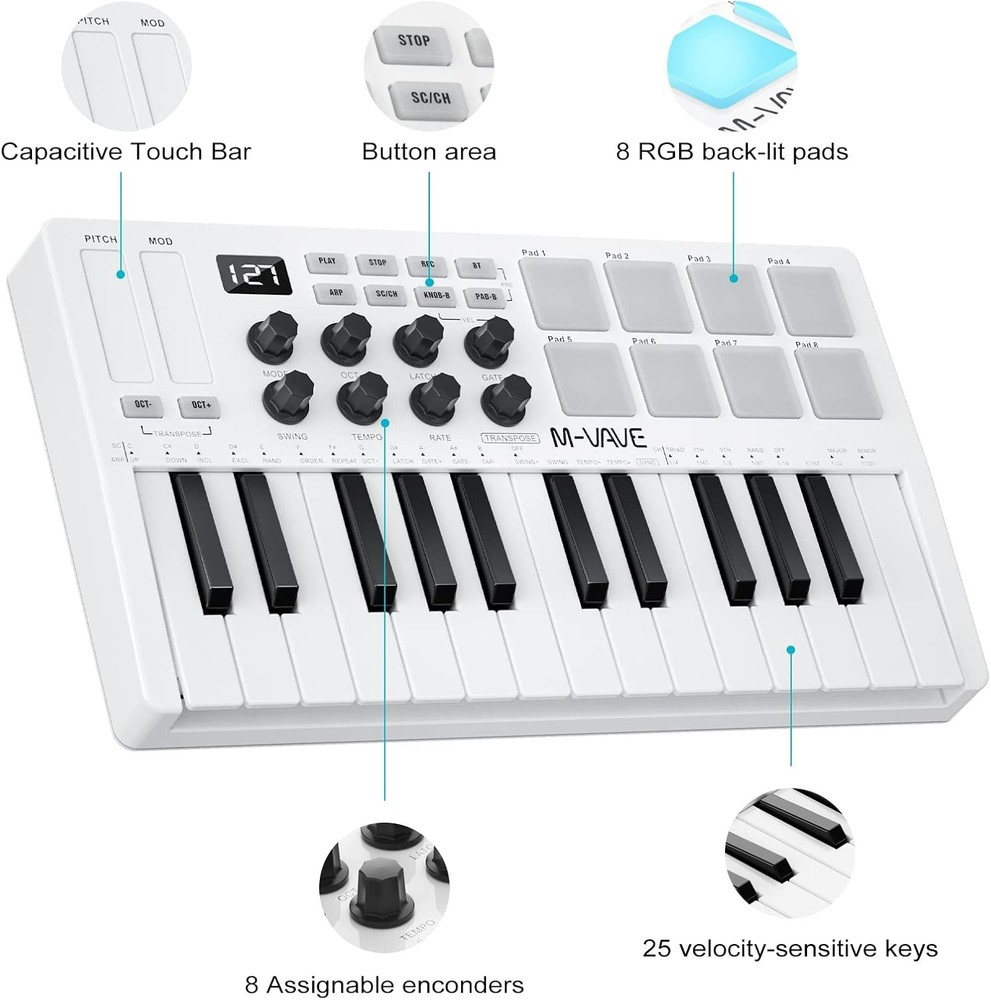 25 Key USB MIDI Keyboard Controller With 8 Backlit Drum Pads, Bluetooth Semi ...