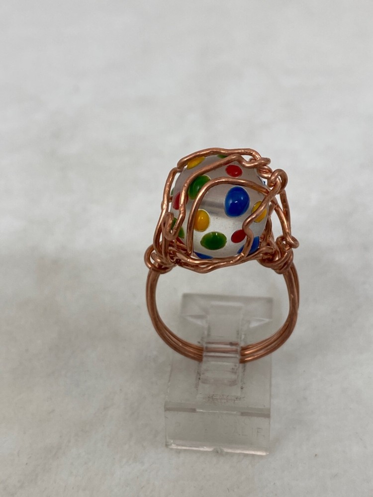Handmade ~ Copper Wire Wrap ~ Glass Bead Ring Size 7 1/4 #216