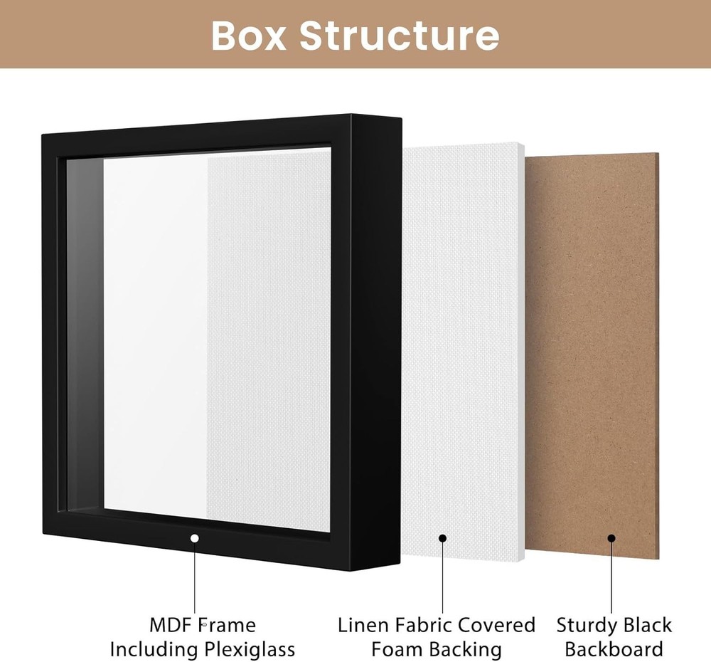 8x8 Shadow Box Frame with Soft Linen Back - Push Pins Included, Memory Box Di...