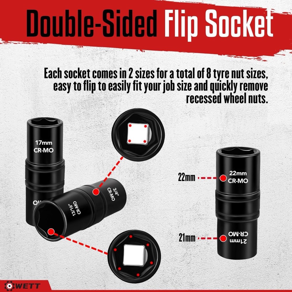 1/2" Drive Flip Lug Nut Socket Set, 5-Piece Double Sided Thin Wall Wheel Prot...