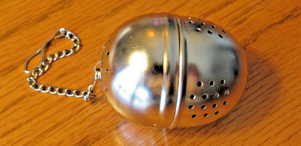 Vintage Tea Strainer Infuser Steeper Metal Screw Lid Chain/Hook, Egg Shaped