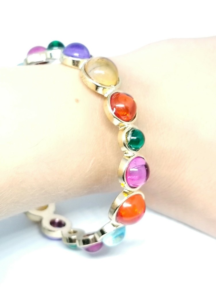 Multi-color Plastic Cabochon Gold Tone Bangle Bracelet
