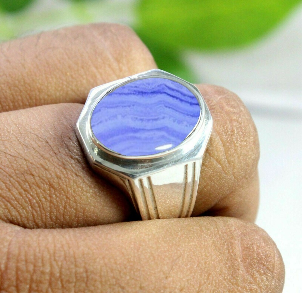 Solid 925 Sterling Silver Natural Blue Lace Agate Gemstone Signet Men's Ring