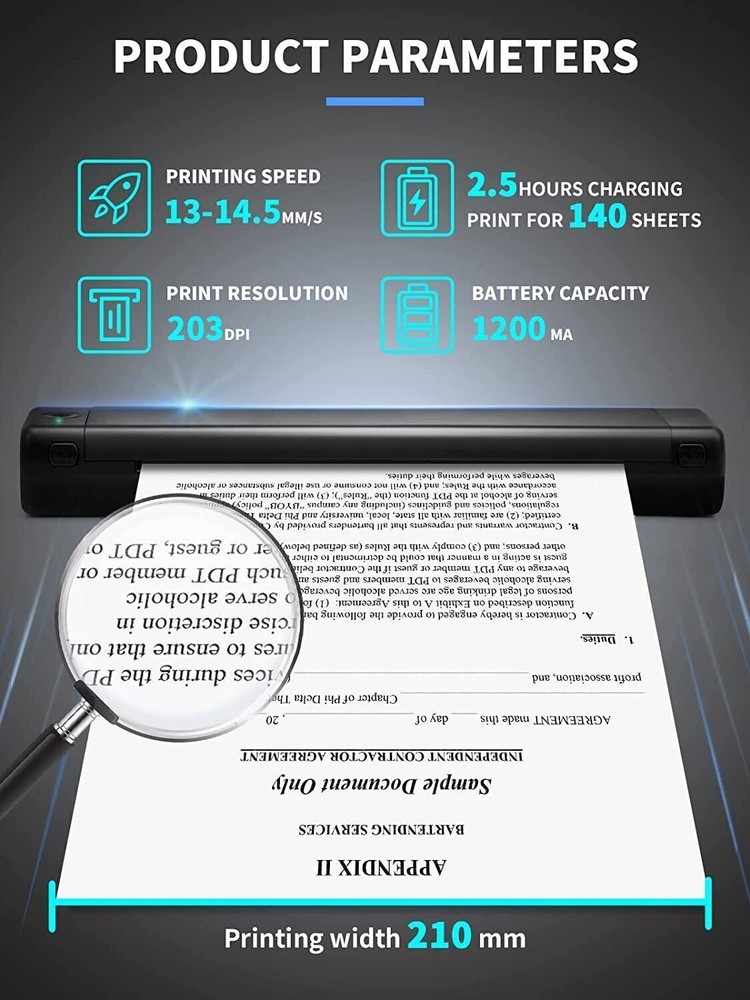 M08F Portable Bluetooth A4 Printer Inkless Thermal Printer for Android iOS PC